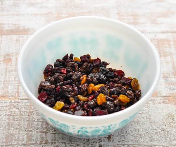 Dried fruit for stollen bread in a small bowl