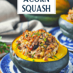 Front shot of stuffed acorn squash on a plate with text title box at top
