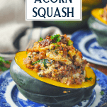 Sausage stuffed acorn squash on a blue and white plate with title at top