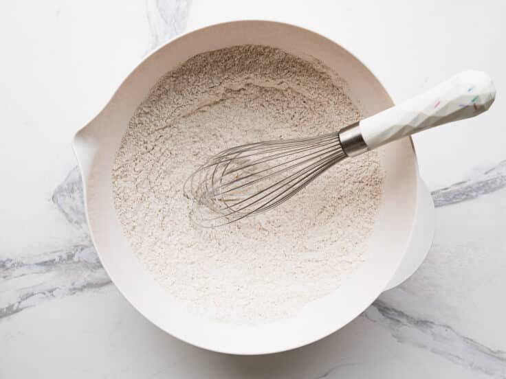 Whisking the dry ingredients for Boston brown bread.