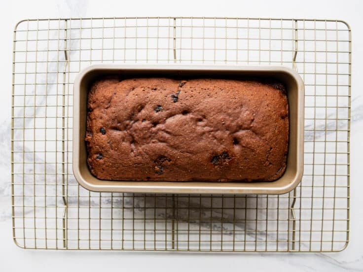 Baked Boston brown bread in a pan.