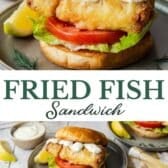 Long collage image of a fried fish sandwich.