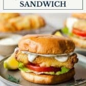 Fried fish sandwich with a text title box at the top.