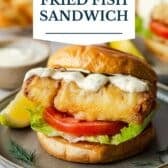 Fried fish sandwich with a text title overlay.