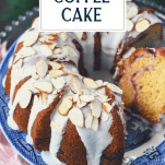Close shot of sliced cranberry coffee cake with text title overlay