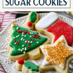 Soft cut out sugar cookies on a plate with text title box at top