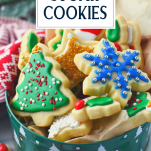 Tin of soft cut out sugar cookies with text title overlay