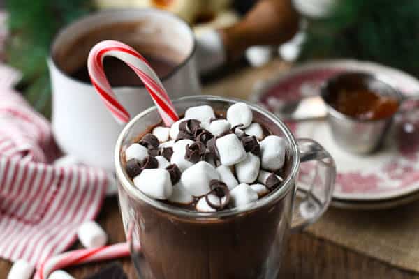 Horizontal shot of a mug of homemade hot chocolate with a candy cane