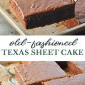 Long collage image of Grandma's old fashioned Texas sheet cake.