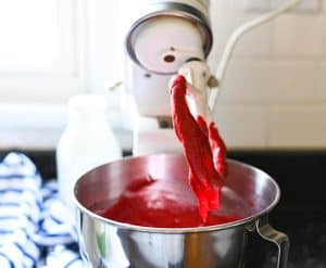 Red Velvet Cake batter in mixer