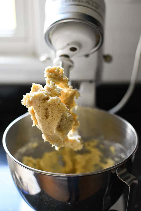 Shortbread cookie dough in a mixer