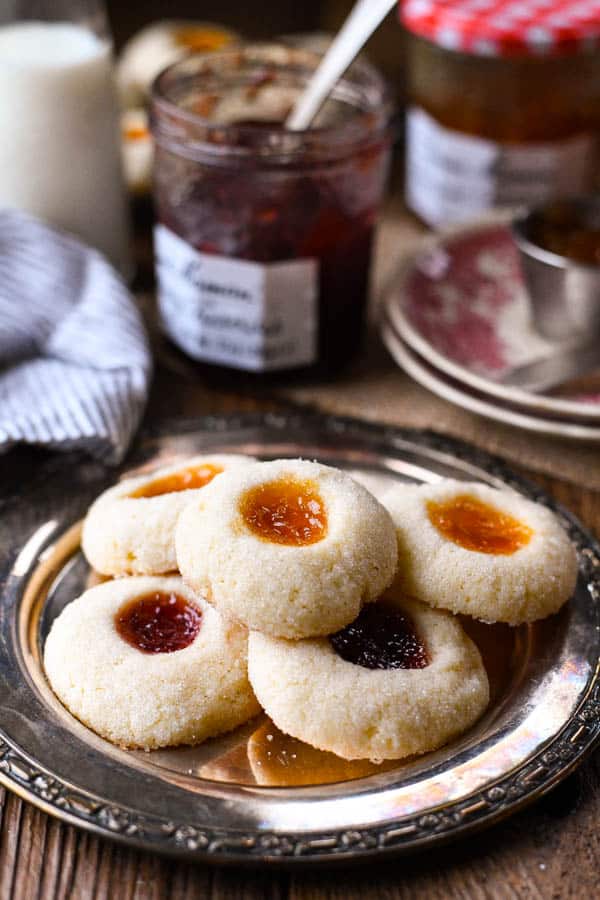 Classic thumbprint cookies filled with apricot and strawberry jams