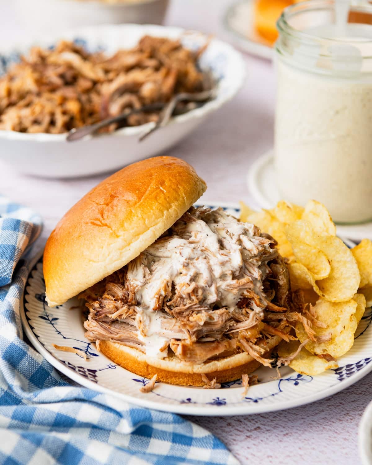 Side shot of a pulled pork sandwich with Alabama white bbq sauce on a blue and white plate.