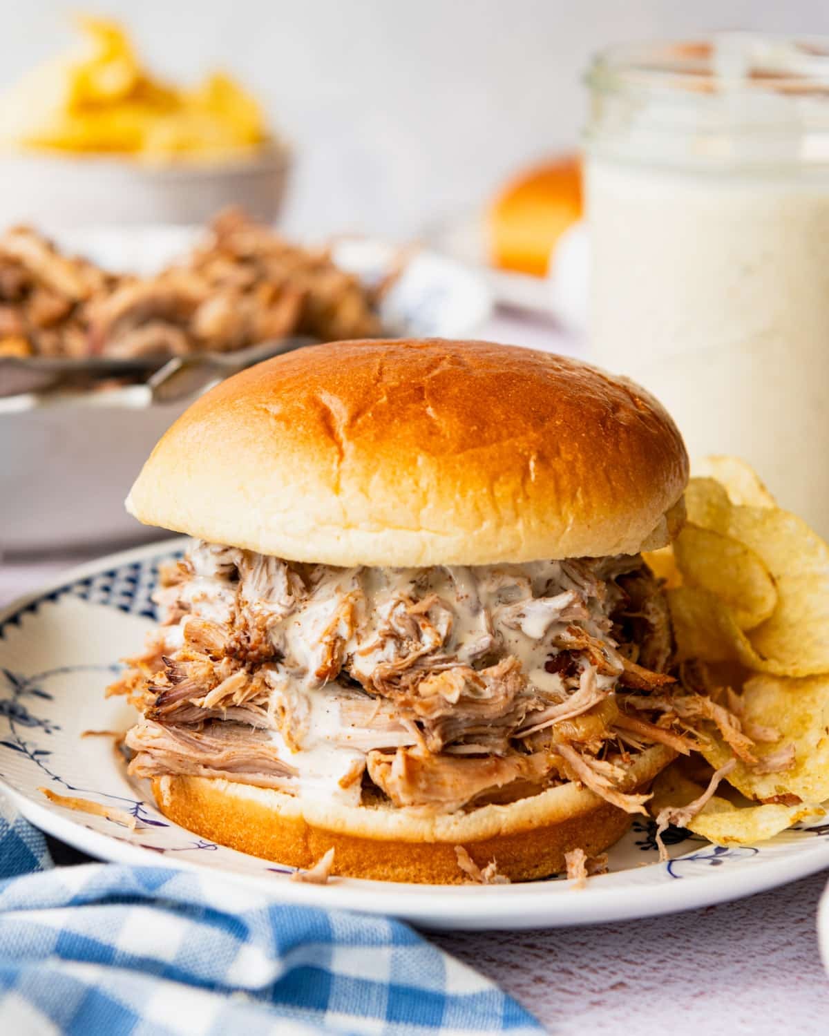 Side shot of a pulled pork sandwich with Alabama white bbq sauce on a blue and white plate.