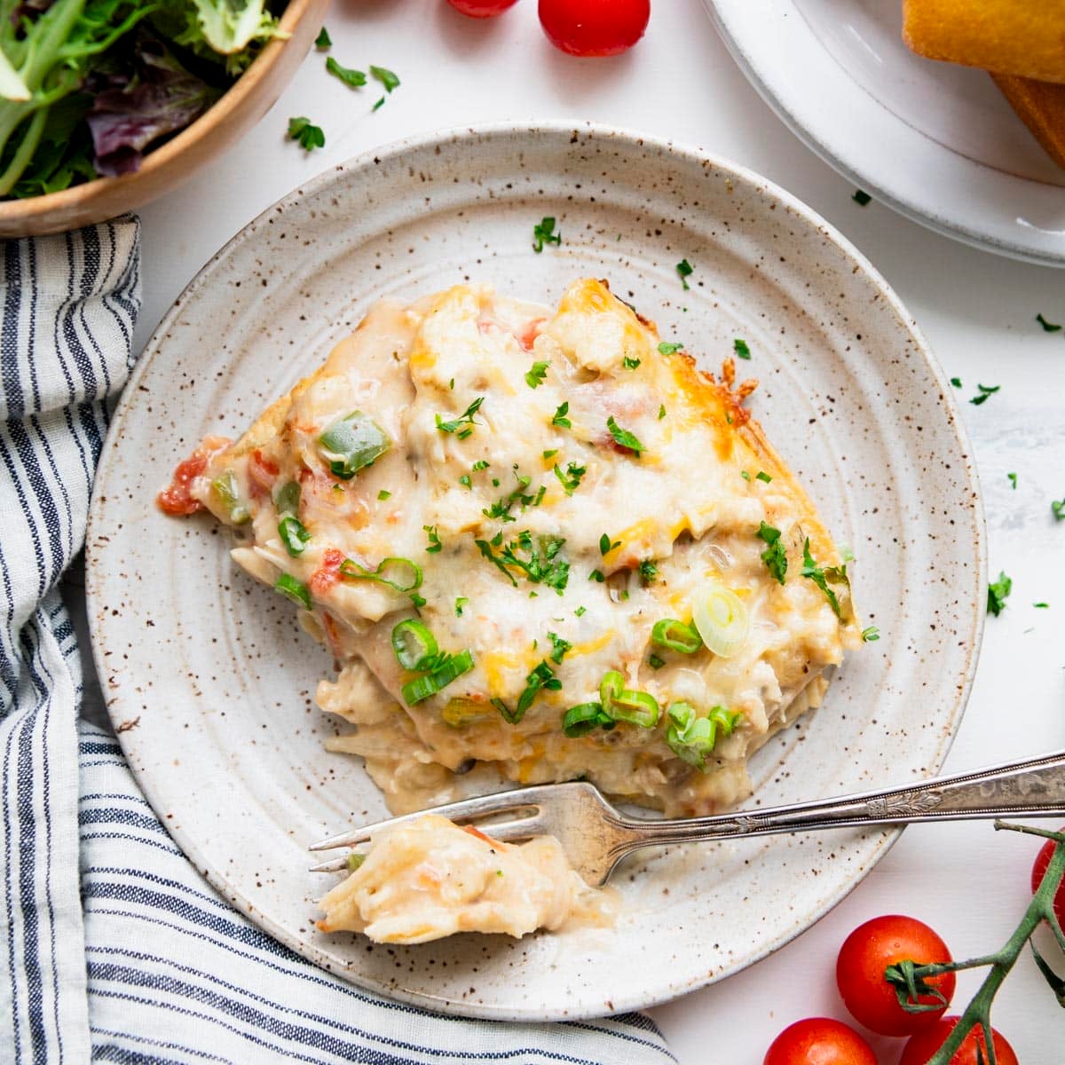 Square overhead shot of a plate of king ranch chicken casserole.
