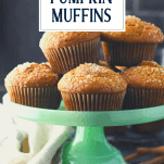 Platter of applesauce pumpkin muffins with text title overlay