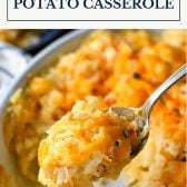 Cheesy potato casserole with text title box at top
