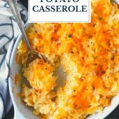 Overhead shot of a dish of 3 ingredient cheesy potato casserole with text title overlay