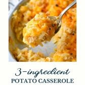Cheesy potato casserole with text title at the bottom