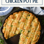Overhead image of chicken pot pie with pie crust and text title box at the top