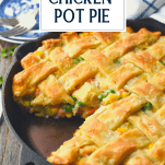 Close up side shot of Chicken pot pie recipe with a text title overlay