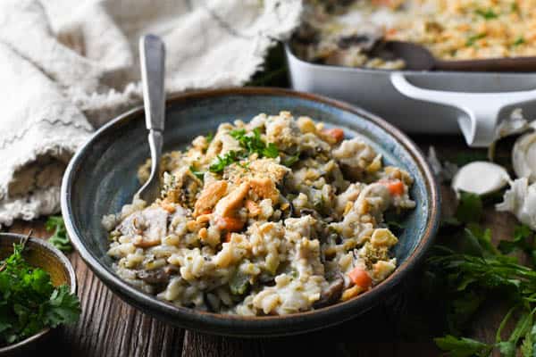 Horizontal shot of a bowl of chicken and wild rice casserole