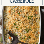 Overhead image of chicken and long grain wild rice casserole with text title box at top