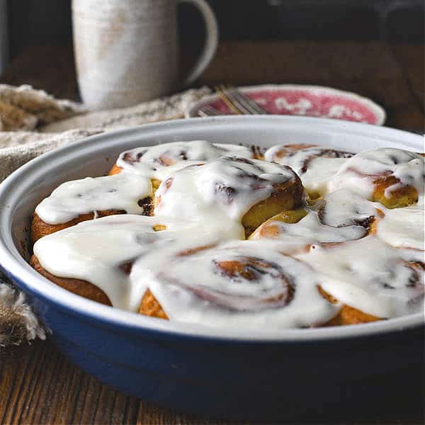 Square shot of a pan of the best cinnamon roll recipe