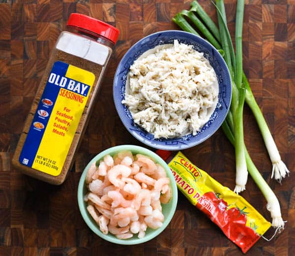 Overhead image of ingredients to show what crab bisque is made of