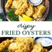 Long collage image of fried oysters.
