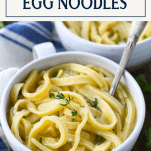 Bowls of Amish egg noodles in broth with text title box at top