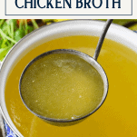 Demonstrating how to make chicken broth with ladle in a pot and text title box at top