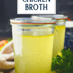 Front shot of two jars of chicken broth with text title overlay