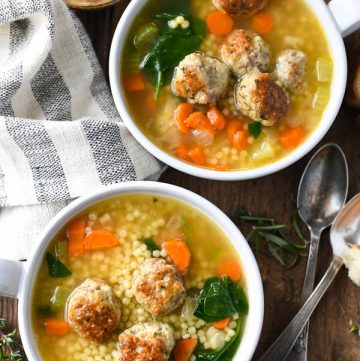 Close overhead image of the best Italian Wedding Soup in two white bowls