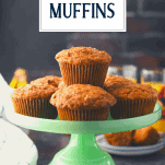 Tray of the best morning glory muffin recipe served on a green stand with text title box at the top