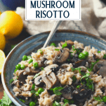 Close up side shot of a bowl of mushroom risotto with text title overlay