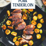 Overhead shot of the best baked pork tenderloin recipe with text title overlay