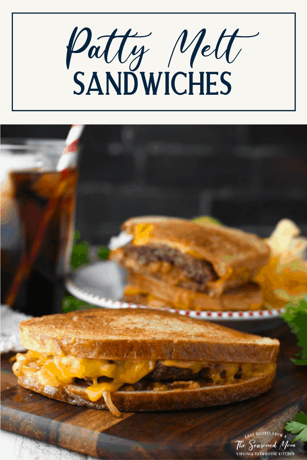 Close up shot of a patty melt with a text title box at the top