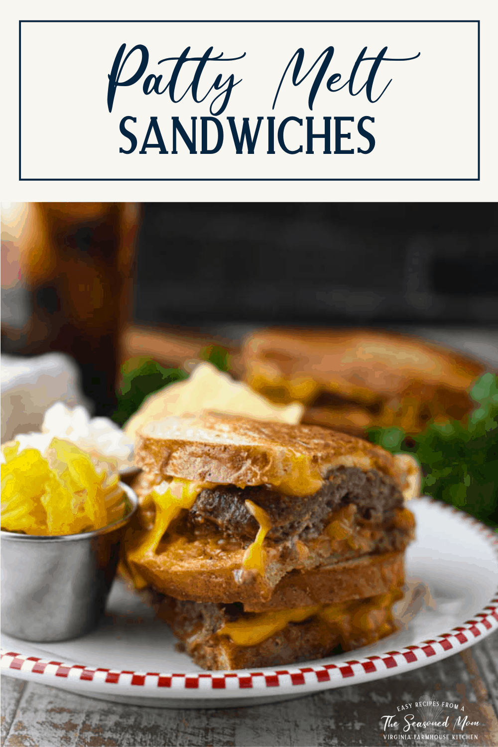 Patty melt sandwich on a red and white plate with text title box at top