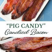 Long collage image of pig candy (candied bacon).
