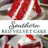 Long collage image of Southern red velvet cake recipe.