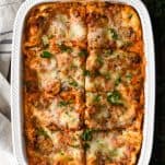Overhead shot of the best vegetable lasagna recipe in a white dish