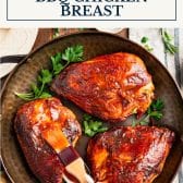 Oven bbq chicken breast with text title box at top.