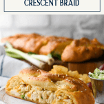 Slice of chicken and broccoli crescent rolls on a plate with text title box at top