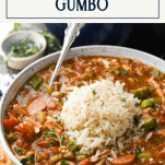 Close up shot of the best gumbo recipe with text title box at top