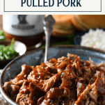 Bowl of slow cooker dr pepper pulled pork with text title box at top