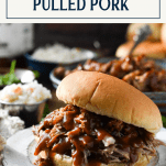 Front shot of dr pepper pulled pork sliders with text title box at top