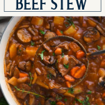 Overhead shot of dutch oven beef stew with text title box at top