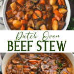 Long collage image of dutch oven beef stew