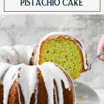 Slice of easy pistachio cake with text title box at top